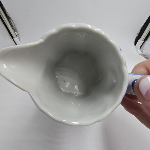 Vtg Blue White Porcelain Pitcher Vase Andrea By Sadek? Floral Chinoiserie 4.5"H - Picture 3 of 8